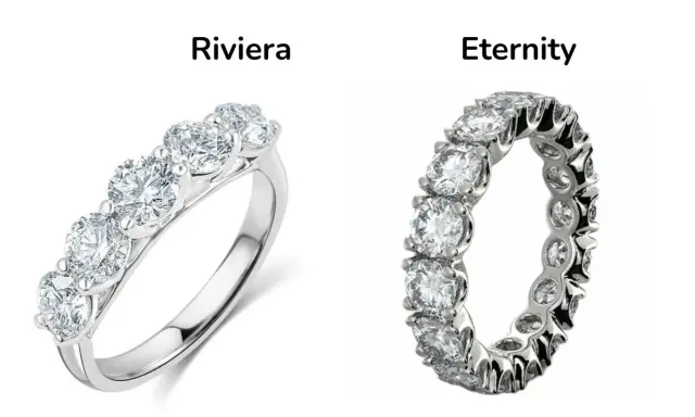 Anello Riviera con 5 diamanti e anello eternity con diamanti tutt'intorno, simbolo di un amore senza fine.