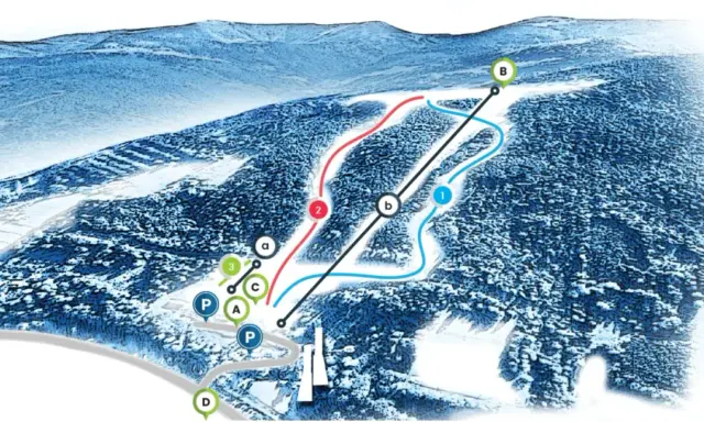 Mapa stoków narciarskich w Wiśle z zaznaczonymi trasami, wyciągami i punktami P.