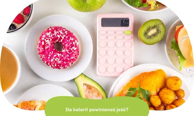 Różnorodne jedzenie i kalkulator z napisem "Ile kalorii dziennie?".