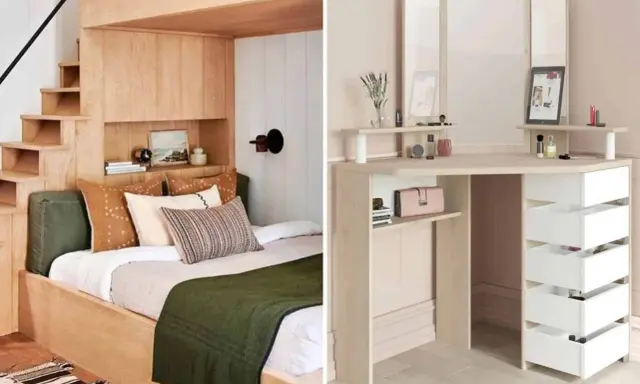 Comment avoir une belle chambre : un lit douillet intégré dans des étagères en bois et un coin coiffeuse moderne avec miroir.