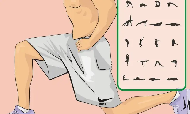 Ilustracja pokazuje mężczyznę w wykroku, obok schematyczne ćwiczenia, które mogą pomóc w treningu mięśni kegla ćwiczenia u mężczyzn.