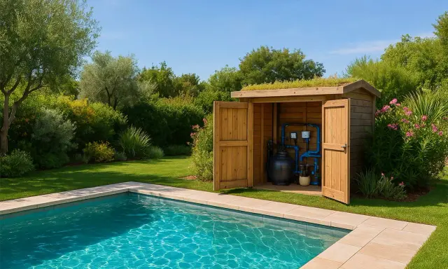 Petit cabanon en bois abritant le local technique de la piscine, avec son équipement de filtration et de traitement de l'eau.