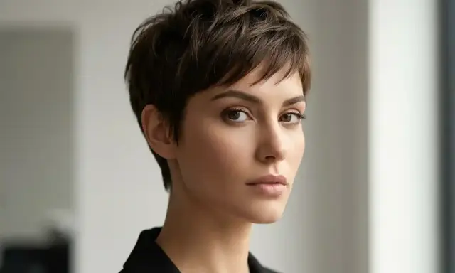 Kobieta z brązowymi włosami w fryzurze pixie cut. Ta fryzura pixie cut dla kogo? Dla odważnych i pewnych siebie kobiet, które chcą podkreślić swoją urodę.