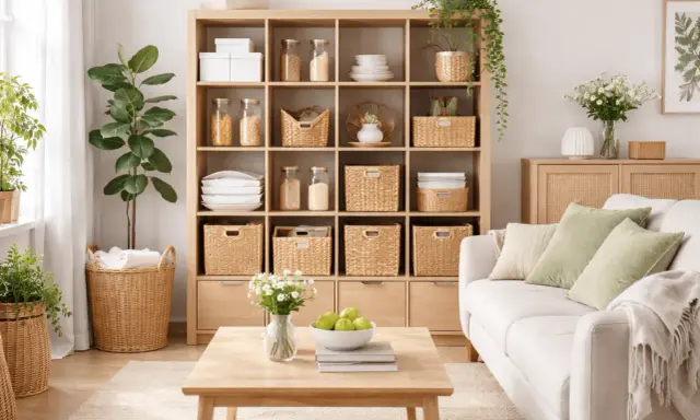 Un soggiorno ordinato con scaffali in legno pieni di cesti per il decluttering casa. Un divano bianco e un tavolino completano l'ambiente.