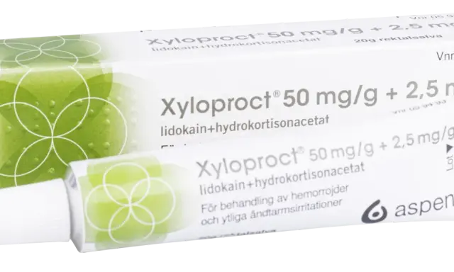 Xyloproct rektalsalva, ett effektivt medicin mot hemorrojder och irritationer. Förpackning och tub syns tydligt.