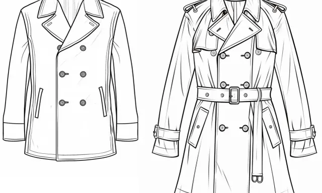 Line drawings showcase a classic trench coat with a belt and epaulets, contrasted with a shorter peacoat.