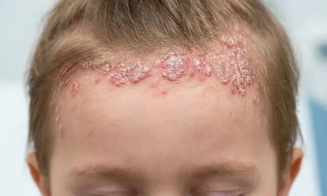 Psoriasis sur le cuir chevelu d'un bébé, avec des plaques rouges et squameuses le long de la ligne des cheveux.
