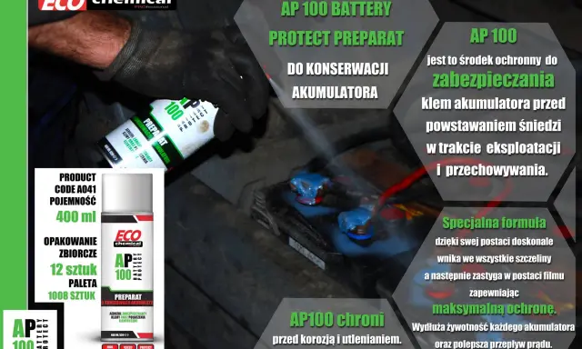 AP100 to preparat do konserwacji akumulatora, którym smaruje się klemy, chroniąc je przed korozją i śniedzią.