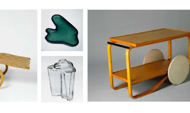 Iconos del diseño: tumbona, objetos de cristal y carritos, junto a sillas famosas de arquitectos.