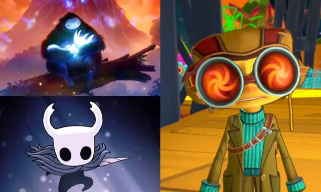 Kolaż z gier platformowych Xbox: Ori, Hollow Knight i Raz z Psychonauts.