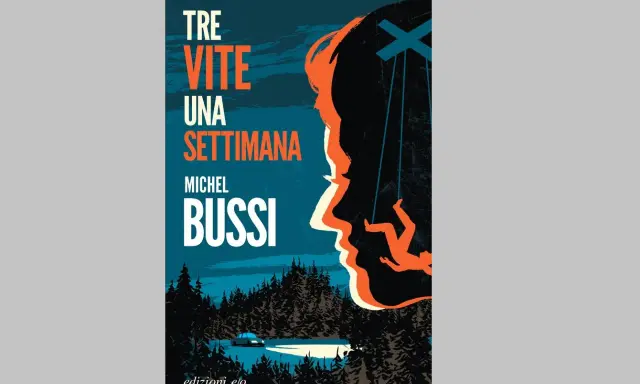 Copertina del libro "Tre vite una settimana" di Michel Bussi. Una silhouette di profilo domina la scena, con figure umane appese come marionette.