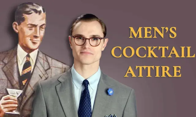Men's cocktail attire often includes a tie, as shown by the vintage illustration and modern man.