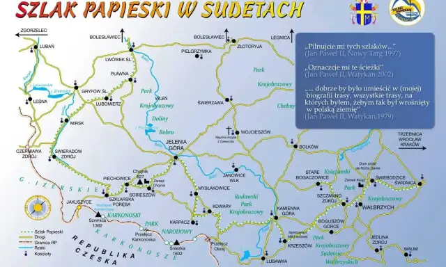 Mapa szlaków papieskich w Sudetach, prowadząca m.in. do Chojnika.