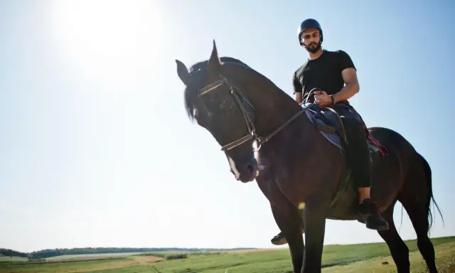 Uomo con barba e casco cavalca un cavallo scuro in un paesaggio verdeggiante, un'esperienza di **Toscana a cavallo**.