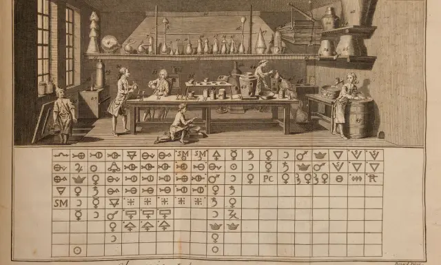 Ilustracja z wielkiej encyklopedii francuskiej przedstawia alchemików w laboratorium, pracujących z aparaturą i symbolami.