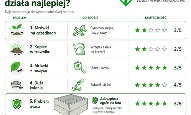 Tabela porównuje metody walki z mrówkami w ogrodzie. Skuteczne sposoby na mrówki to m.in. usuwanie mszyc (5/5) i zabezpieczenie ogrodu na lata (5/5).
