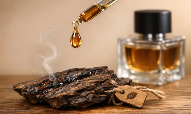 Goutte d'huile dorée tombant d'une pipette sur un morceau de bois fumant, évoquant l'origine oud pour un parfum luxueux.