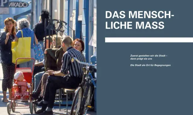 Menschen auf einer Straße, ein Baby im Kinderwagen, Fahrräder. Die Stadt als Ort für Begegnungen, wie von gehl architects gestaltet.