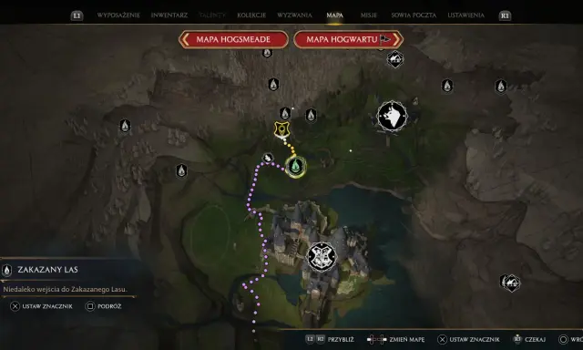 Mapa Hogwarts Legacy. Ścieżka prowadzi przez Zakazany Las, gdzie czeka duch naszej miłości.