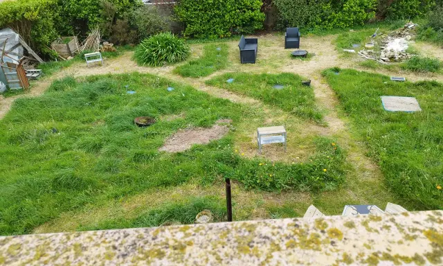 Un jardin envahi par l'herbe haute, prêt à être entretenu. Il faudra bientôt tondre la pelouse pour redonner une belle apparence à cet espace extérieur.