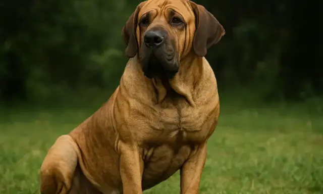Un majestueux Fila Brasileiro, au pelage fauve, assis dans l'herbe verte, avec un regard attentif.