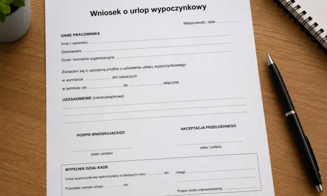 Wniosek o urlop wypoczynkowy. Dokument zawiera pola do wypełnienia przez pracownika, przełożonego i dział kadr, dotyczące planowanego urlopu.