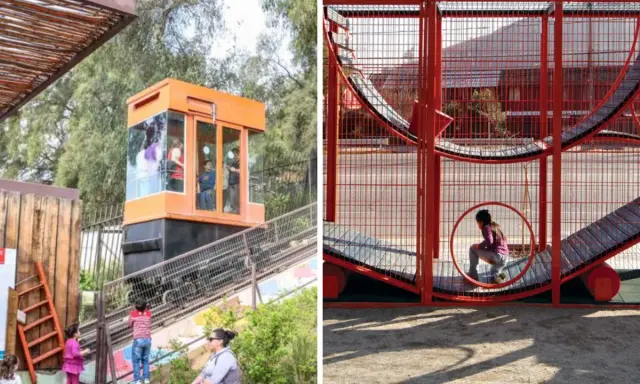 Un ascensor naranja transporta gente en Santiago, mientras una niña juega en una estructura roja.