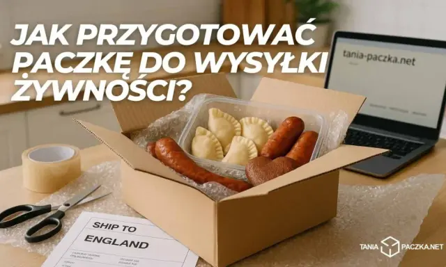 Jak przygotować paczkę z polskimi przysmakami do wysyłki? W pudełku pierogi, kiełbaski i piernik. Obok taśma, nożyczki i etykieta "Ship to England".