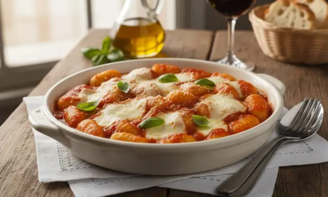 Gnocchi alla sorrentina fumanti, con pomodoro, mozzarella filante e basilico fresco, pronti per essere gustati.