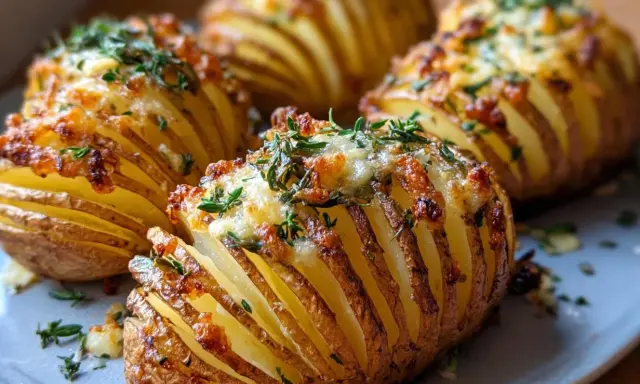 Ziemniaki Hasselback, zapieczone z serem i ziołami, idealne, by pokazać, jak upiec ziemniaki w airfryer.