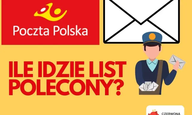 Grafika z logo Poczty Polskiej i pytaniem "Ile idzie list polecony do Niemiec?". Widoczny listonosz z listami.