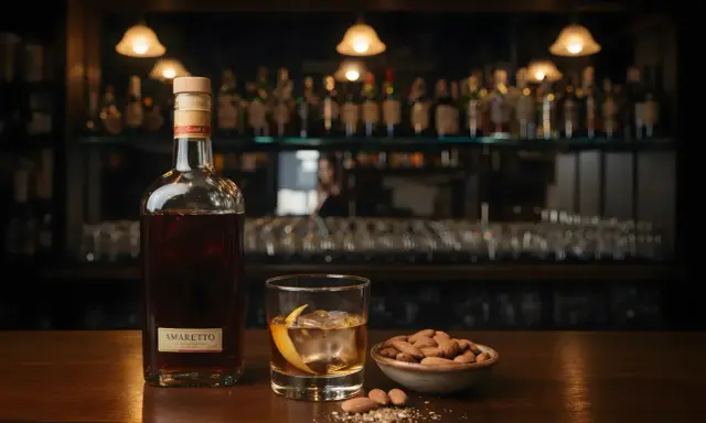 Butelka amaretto, szklanka z lodem i skórką pomarańczy, miseczka migdałów. Idealny zestaw, by dowiedzieć się, amaretto co to.