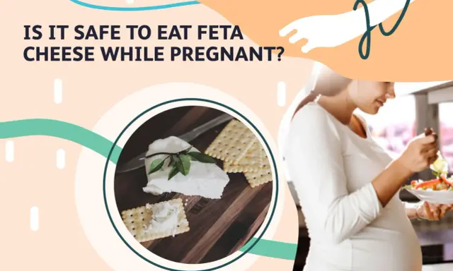 Gravid kvinna äter sallad. Bilden visar fetaost och kex, och frågar om det är säkert att äta fetaost när man är gravid.