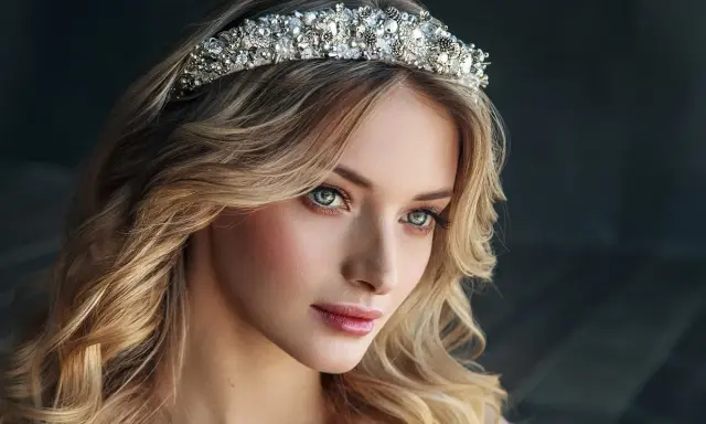 Piękna kobieta z falowanymi blond włosami nosi bogato zdobioną tiarę srebrną, która dodaje jej królewskiego blasku.