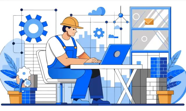 Un programmatore automazione lavora al suo laptop, circondato da ingranaggi e grafici, creando sistemi efficienti.