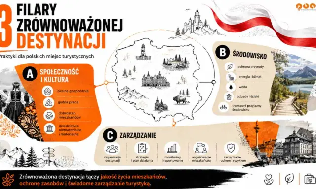 Grafika przedstawia 3 filary zrównoważonej destynacji turystycznej w Polsce: Społeczność i Kultura, Środowisko, Zarządzanie. Wskazuje na recykling treści poprzez ponowne wykorzystanie zasobów.