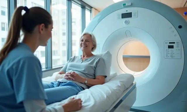 Uśmiechnięta pacjentka leży na łóżku obok aparatu PET. Pielęgniarka wyjaśnia, ile trwa badanie PET, uspokajając ją przed procedurą.