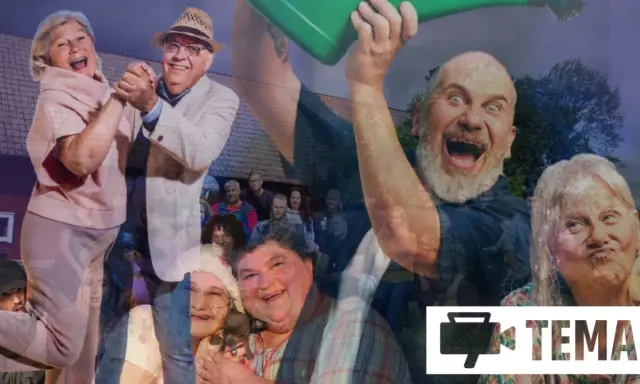Glada människor i olika situationer, en del dansar, en del skrattar, en del håller i en vattenkanna. En montagebild som ger en känsla av reality serier sverige.
