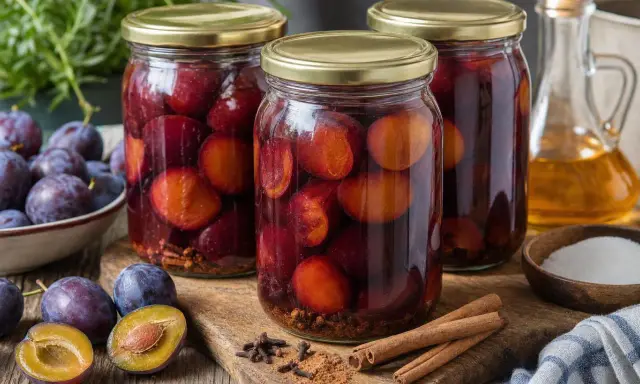 Słoiki pełne śliwek w occie, obok świeże owoce, cynamon i goździki. Domowe przetwory gotowe do zimy.