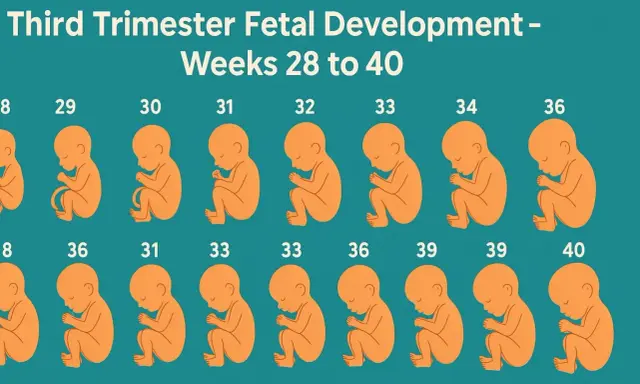 Ilustración del desarrollo fetal en el tercer trimestre de embarazo, mostrando fetos de 28 a 40 semanas.