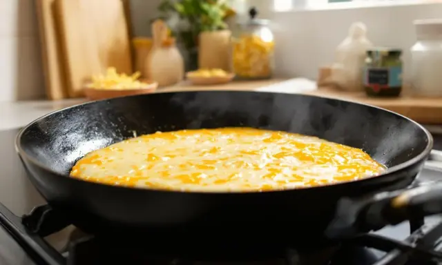 Schmelzender Käse in der Pfanne, dampfend und goldgelb. Der Mozzarella schmilzt perfekt und verlockt zum sofortigen Genuss.