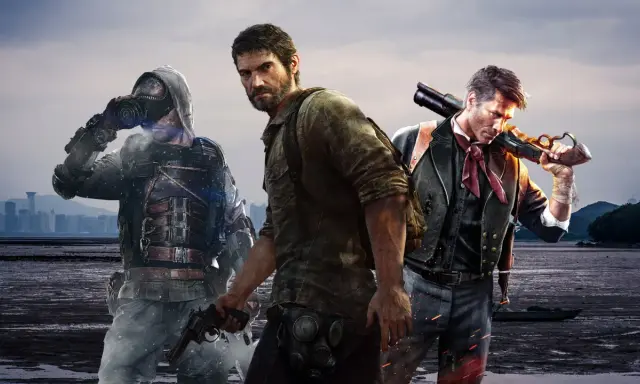 Trzech bohaterów w postapokaliptycznym świecie, przypominających gry podobne do The Last of Us. Jeden w masce gazowej, drugi z plecakiem, trzeci z karabinem.