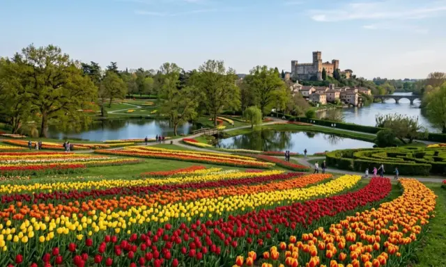 Un tripudio di tulipani colorati, un lago e un castello sullo sfondo: la primavera in Italia è uno spettacolo.