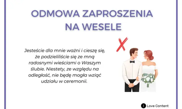 Wzór odmowy zaproszenia na wesele. Ilustracja pary młodej z przekreślonym X.