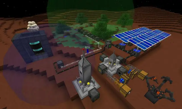 Baza na Marsie z panelami słonecznymi i robotem. To przykład najlepszych modów do Minecraft, które pozwalają na budowanie zaawansowanych instalacji.