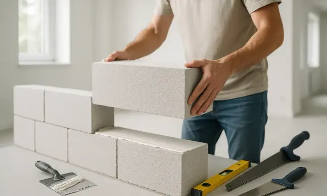 Un maçon pose une brique de béton cellulaire isolant. Des outils de maçonnerie sont visibles.