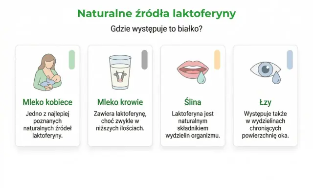 Naturalne źródła laktoferyny: mleko kobiece, krowie, ślina i łzy. Laktoferyna to białko występujące w wydzielinach organizmu.