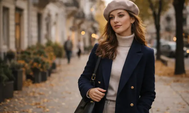 Elegancka kobieta w beżowym beretu i granatowym płaszczu spaceruje po jesiennej ulicy. Oto jak nosić beret damski, by wyglądać stylowo.