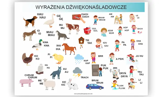 Ilustracja przedstawia zwierzęta i ludzi wydających dźwięki, np. pies szczeka "hau", kot miauczy "miau".