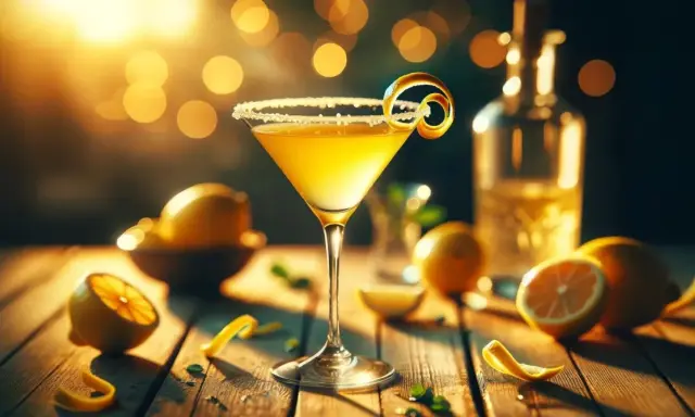Elegancki kielich z drinkiem lemon drop, ozdobiony skórką cytryny, otoczony świeżymi cytrynami i butelką alkoholu.